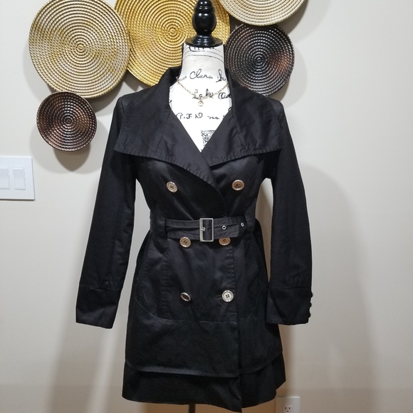 CHARLES KLEIN Trech Coat Military Style Color Black SIZE S, with silver buttons. - Picture 3 of 17